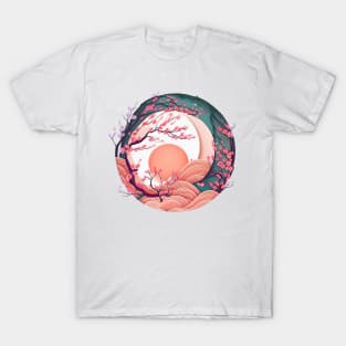 Japanese Style Art: Mountain and Floral View 7 T-Shirt